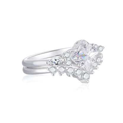 2-Piece Crown & Floral 925 Silver Ring Set - Luxe Stackable Wedding Bands for Women