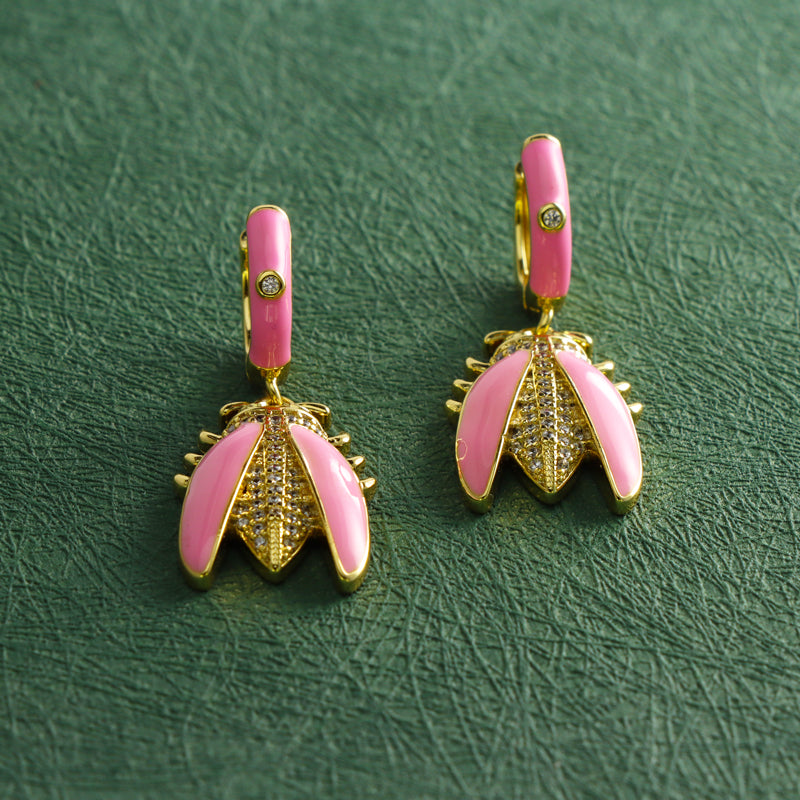 Pink Beetle Copper Earrings
