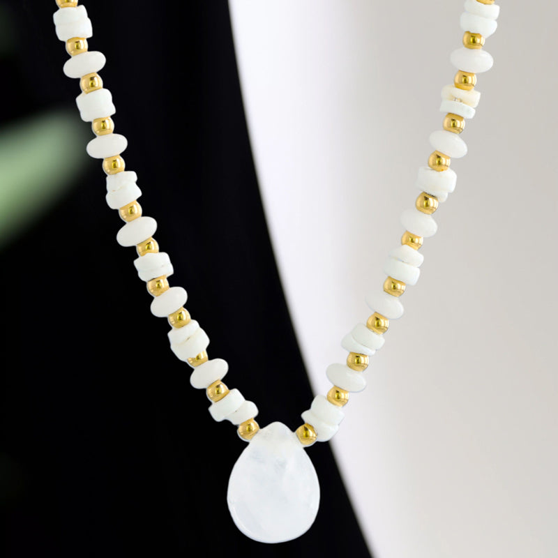 Stainless Steel O-Chain Necklace with Natural Stone and Shell Pendant