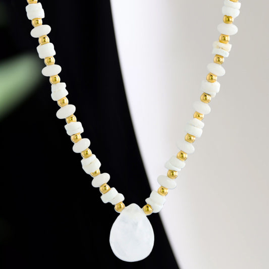 Stainless Steel O-Chain Necklace with Natural Stone and Shell Pendant
