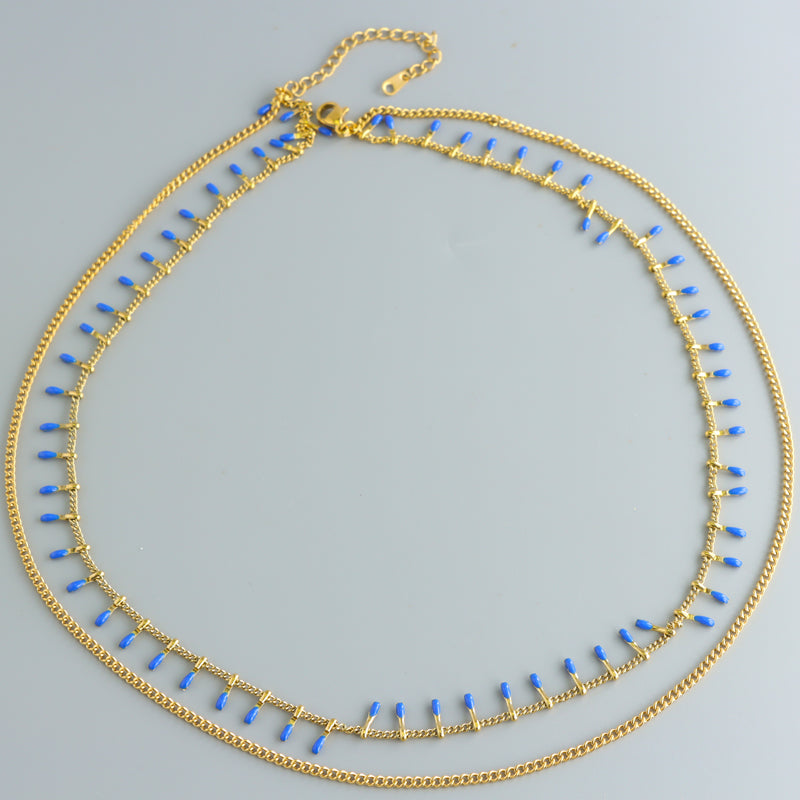 Blue Stainless Steel Chopin Necklace with Droplet Beads