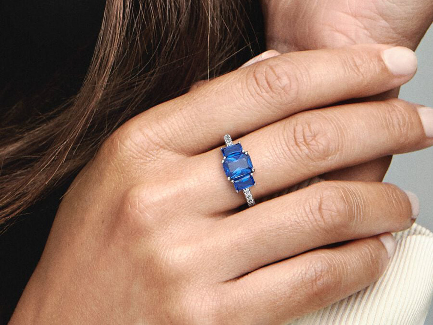 Blue Rectangular Three Stone Sparkling Ring