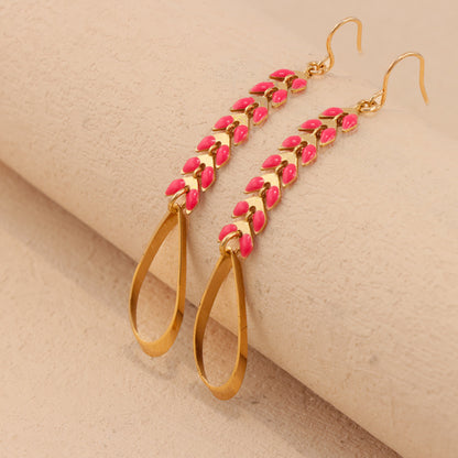 Copper Leaf Dangle Earrings with Tassel Detail