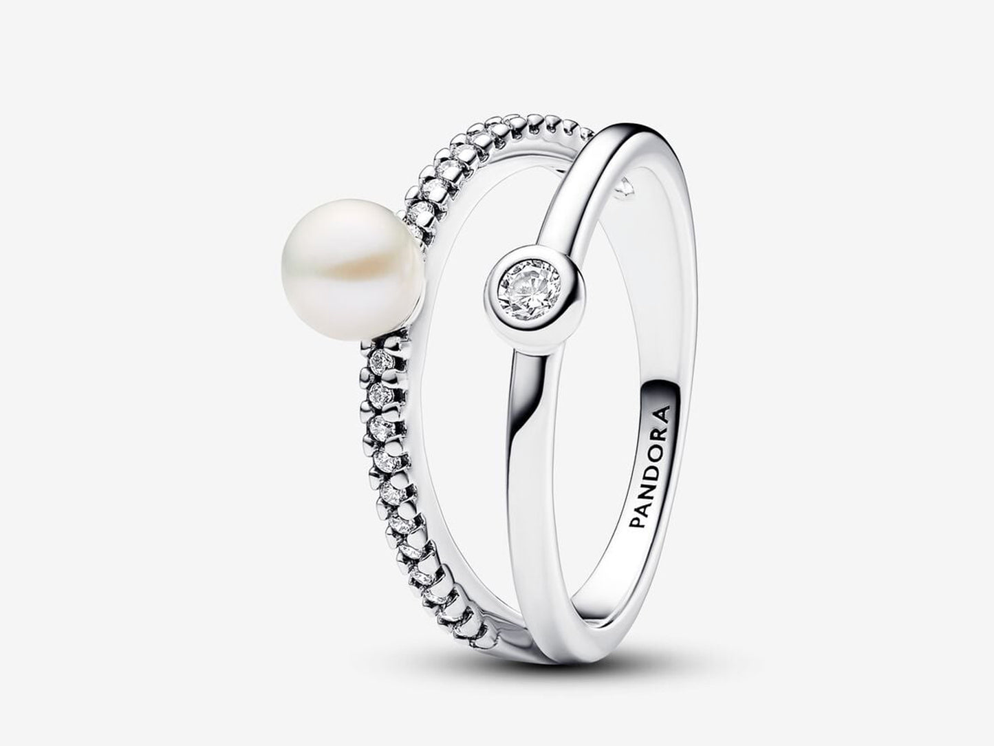Treated Freshwater Cultured Pearl & Pavé Double Band Ring