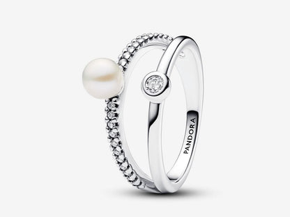 Treated Freshwater Cultured Pearl & Pavé Double Band Ring