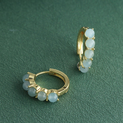 Gold Hoop Earrings with Natural Jade Inlay