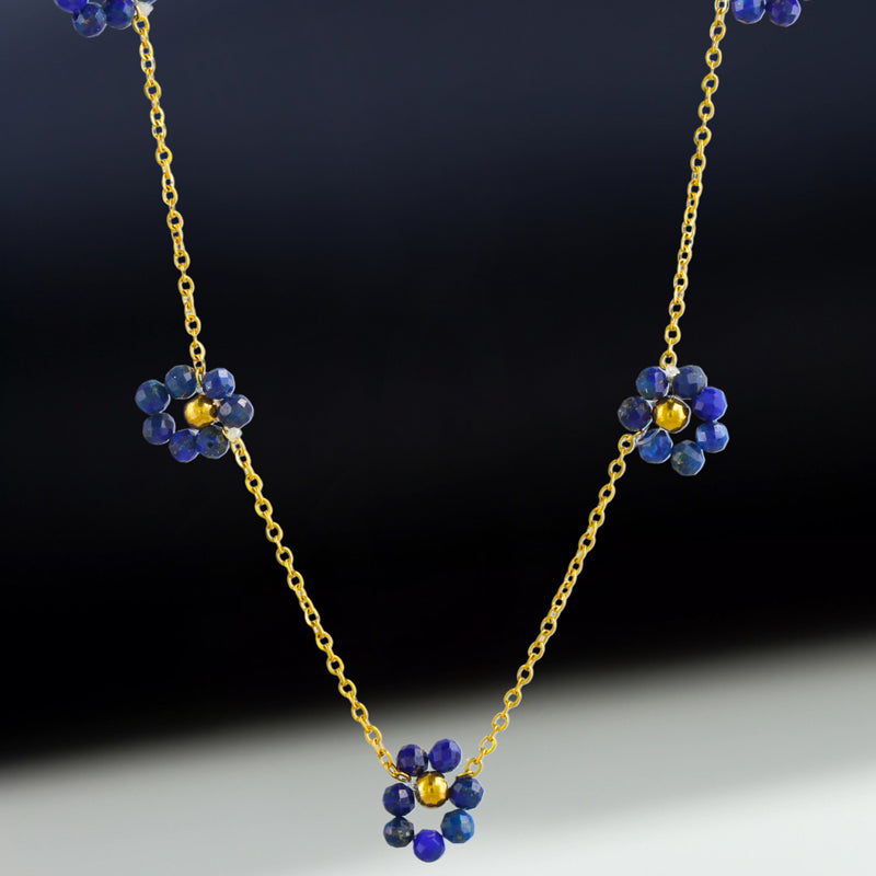 Floral Patterned O-Chain Necklace in Blue Pendant