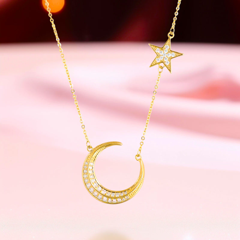Elegant Copper O-Link Necklace with Starry Accents and Lunar Pendant