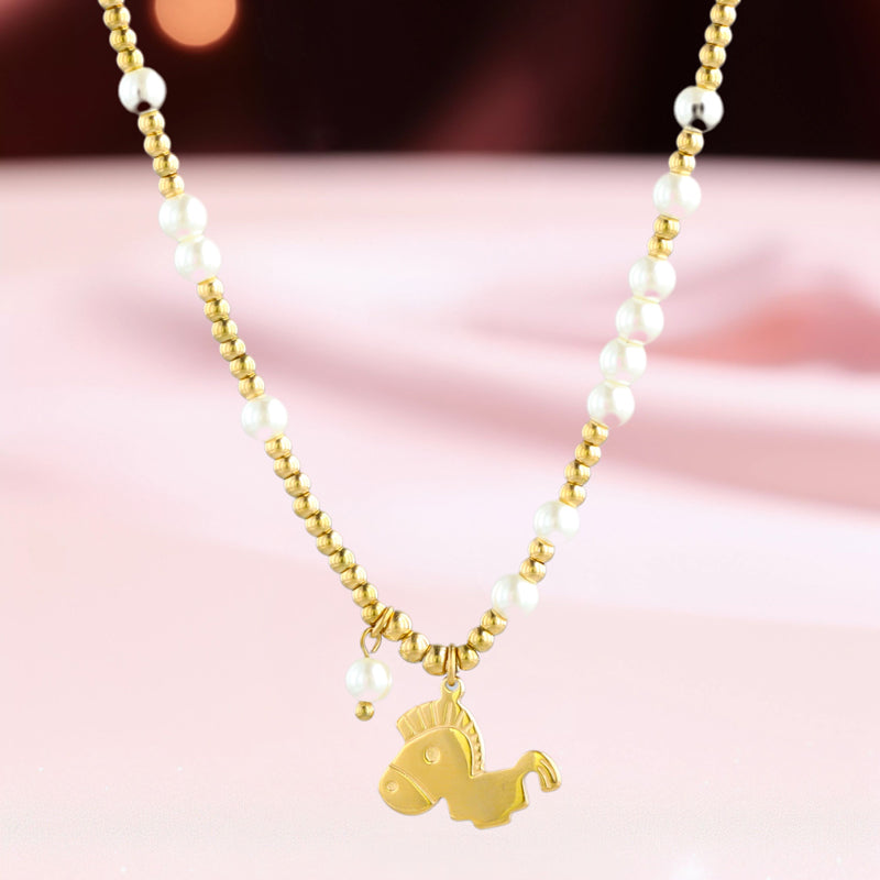 Stylish O-chain Necklace with Horse Pendant Pearls and Metal Beads