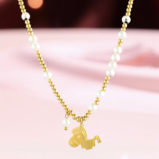Stylish O-chain Necklace with Horse Pendant Pearls and Metal Beads