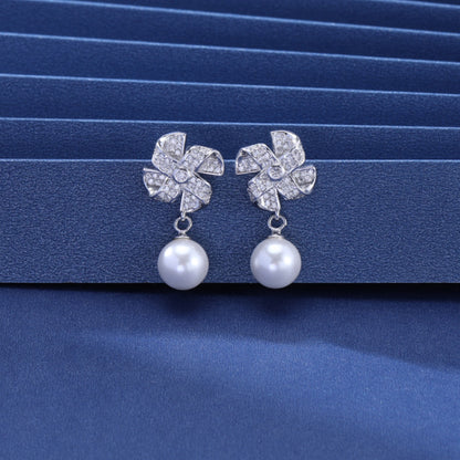 925 Sterling Silver Windmill Drop Earrings - White Gold Plated Geometric Dangle Earrings for Women