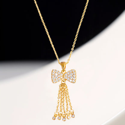 Trendy Rose Gold O-Chain Necklace with Bow and Tassel