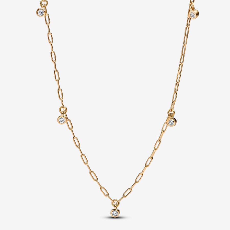Lab-Grown Diamond Necklace - 14k Gold Paperclip Chain with Bezel-Set Diamonds