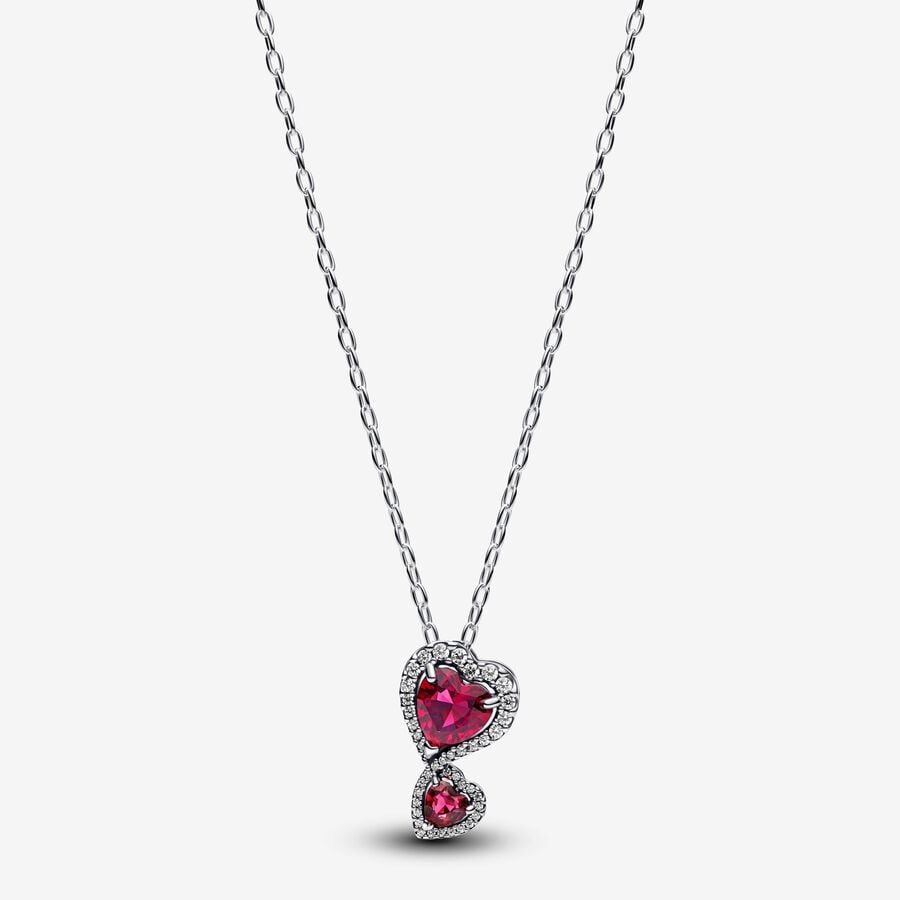 Red Halo Hearts Necklace  Sterling Silver with Red Crystals & Pavé Stones
