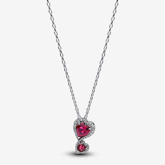 Red Halo Hearts Necklace  Sterling Silver with Red Crystals & Pavé Stones