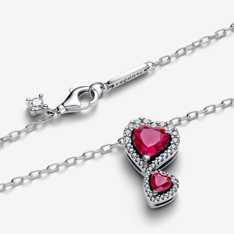 Red Halo Hearts Necklace  Sterling Silver with Red Crystals & Pavé Stones