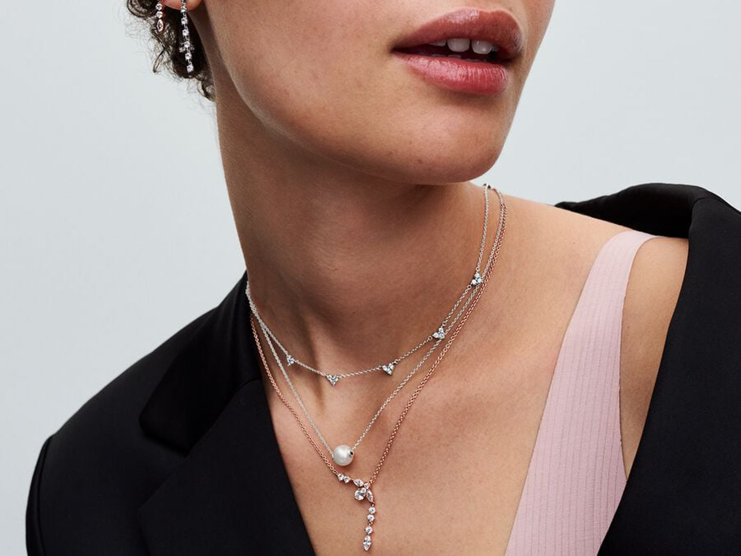 Triple Stone Heart Station Chain Necklace