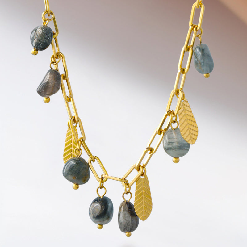 Leaf Tassel Design Cross Chain Necklace with Natural Stone Beads