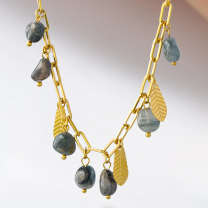 Leaf Tassel Design Cross Chain Necklace with Natural Stone Beads