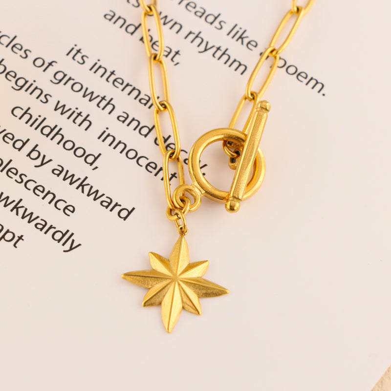 Gold Stainless Steel Cross Chain Necklace with Octagram Pendant