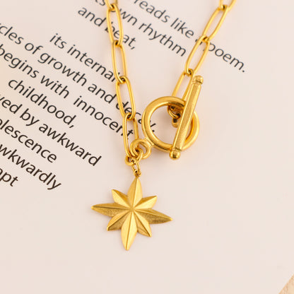Gold Stainless Steel Cross Chain Necklace with Octagram Pendant