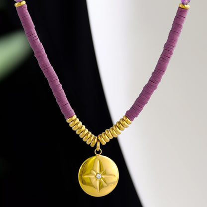 Eight-pointed Star Pendant Necklace with Purple Stone and Soft Pottery Beads