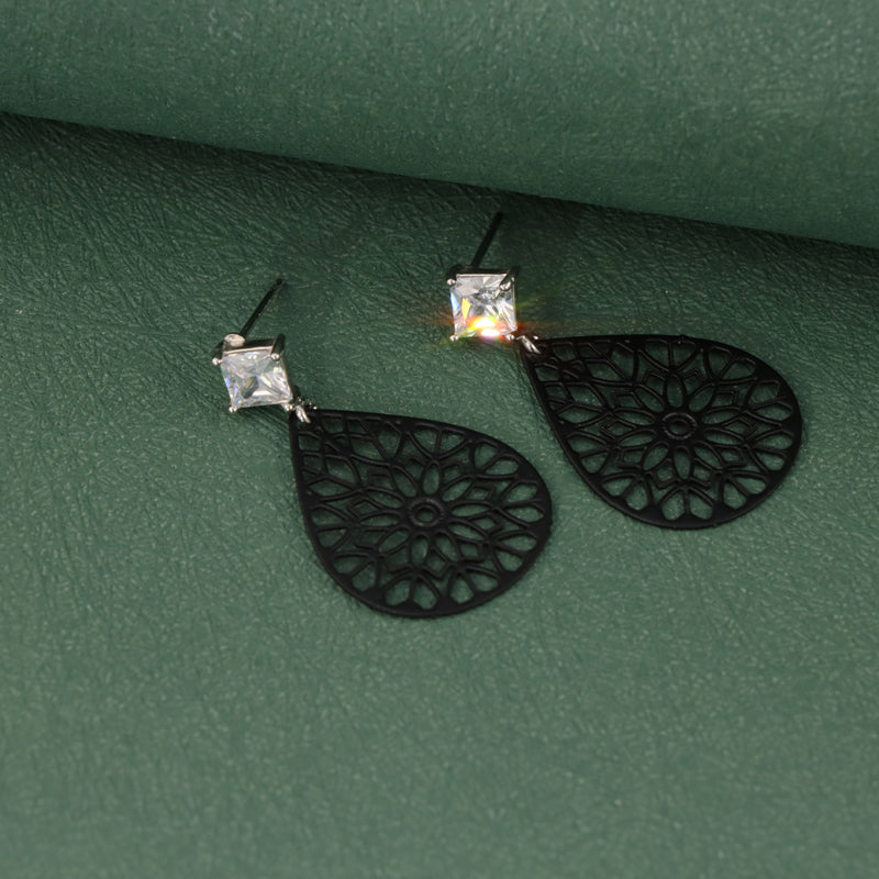 Ethnic Black Floral Drop Earrings - Symmetrical and Asymmetrical Design