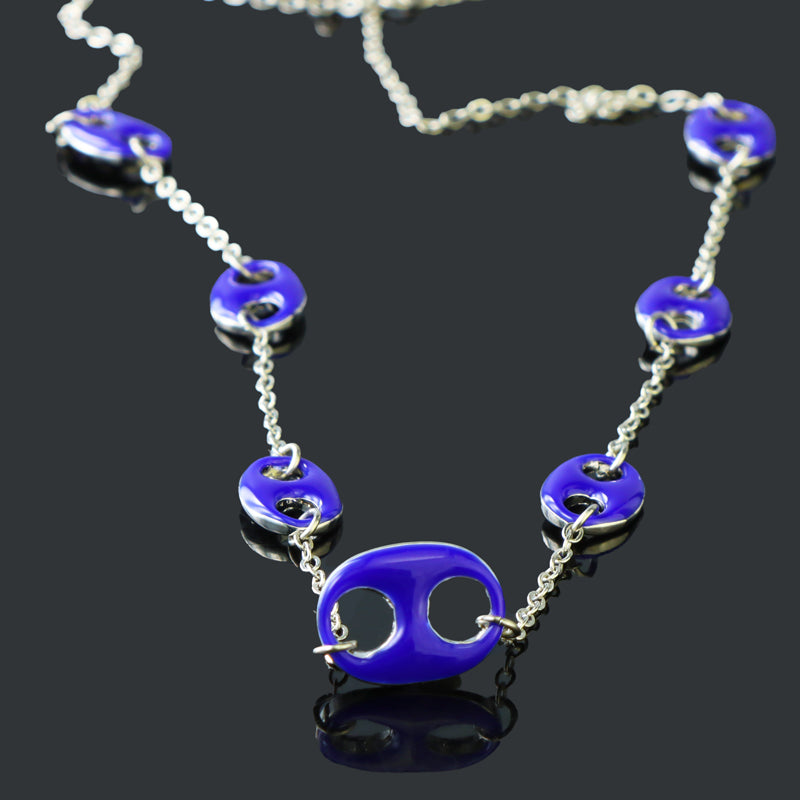 Blue Elliptical Button Pendant Copper O-Chain Necklace
