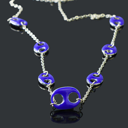 Blue Elliptical Button Pendant Copper O-Chain Necklace