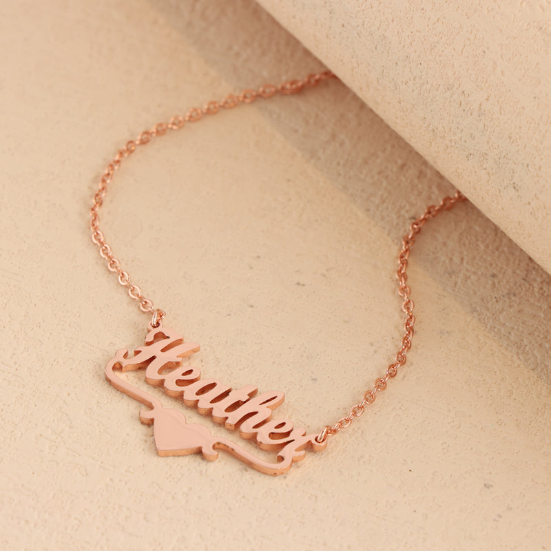 Rose Gold Stainless Steel O-Chain Necklace with Letter and Heart Pendant