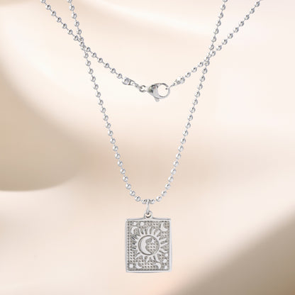 Buddha bead chain with square pendant of sun and moon