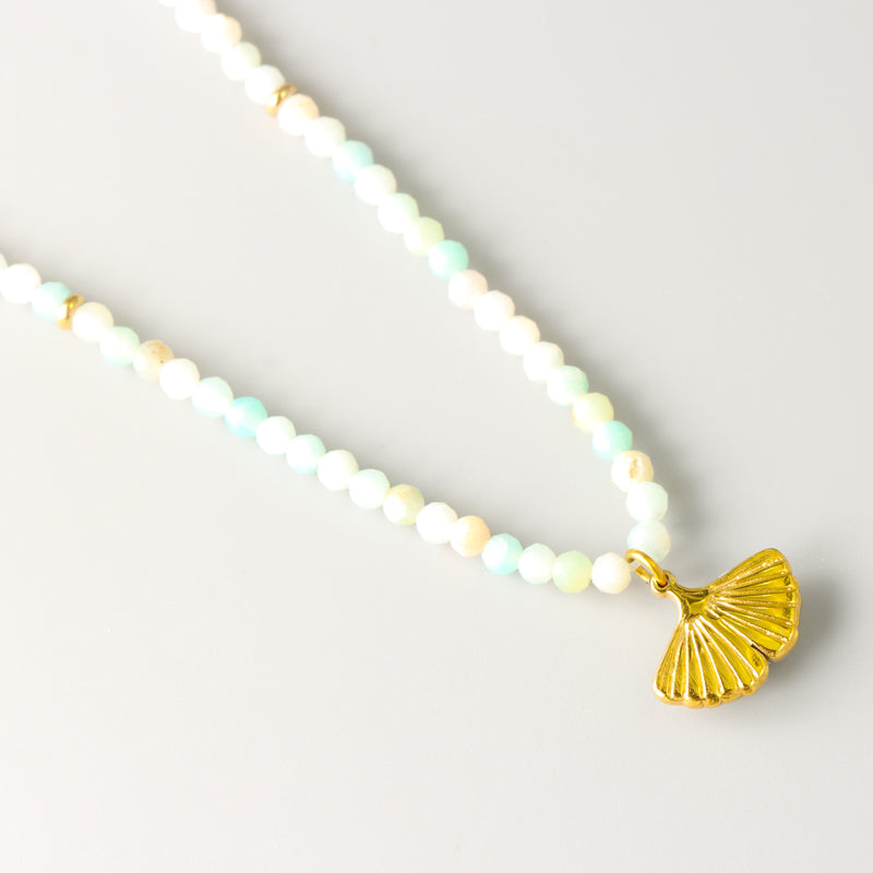 Stainless Steel Beads Necklace with Natural Stone Beads and Ginkgo Leaf Embellishment