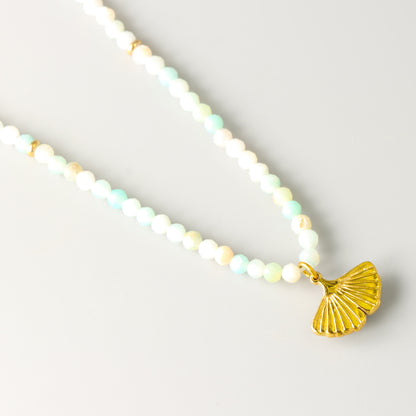 Stainless Steel Beads Necklace with Natural Stone Beads and Ginkgo Leaf Embellishment