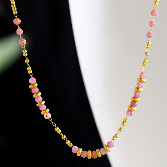 Ethnic Style Stainless Steel O-Chain Necklace with Pink Natural Stone Beads