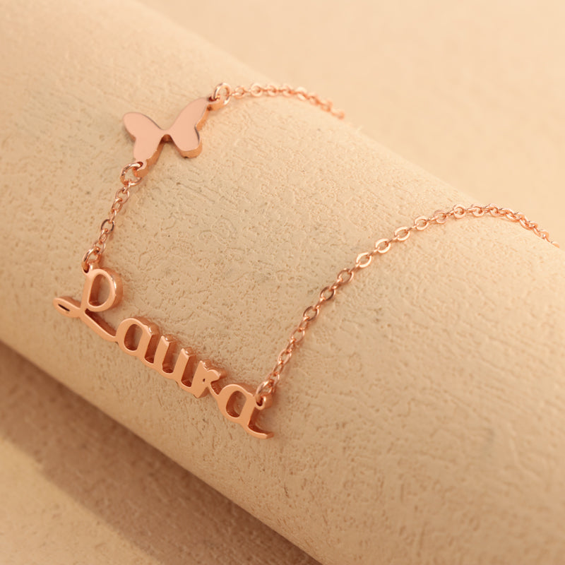 Personalized Rose Gold O-Chain Necklace with Butterfly and Letter Pendant
