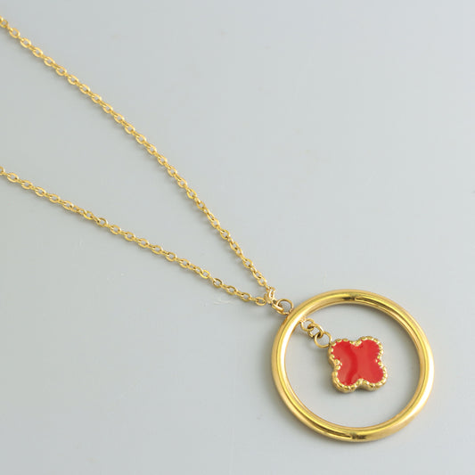 Exquisite Gold Stainless Steel O-Chain Necklace with Red Four-Leaf Clover Pendant