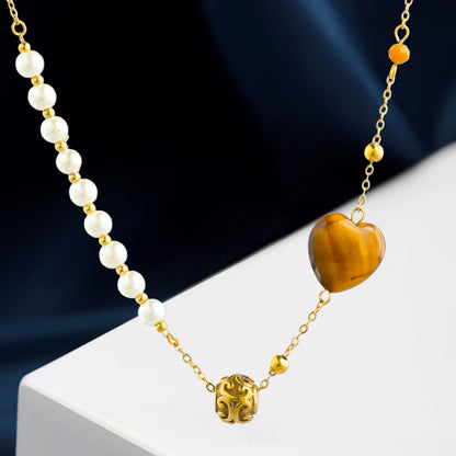Heart-shaped Pendant O-chain Necklace with Natural Stone and Pearl