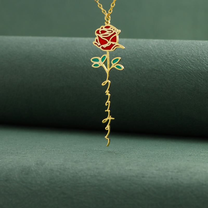 Stainless Steel O-Chain Necklace with Enamel Rose Pendant