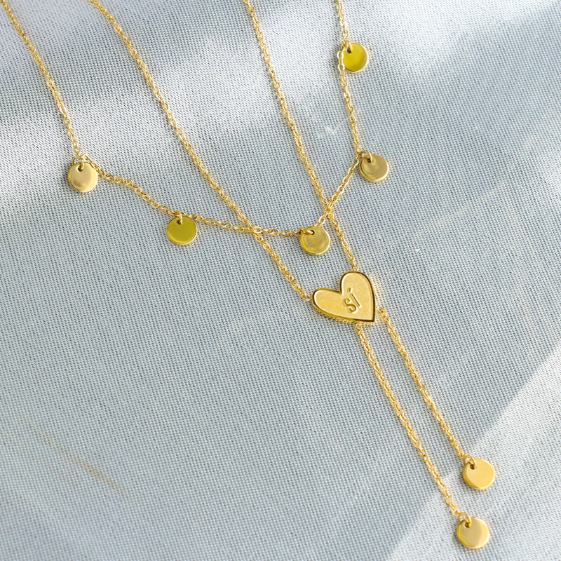 Romantic Gold Layered O-Chain Necklace with  Heart and Tassel Pendant