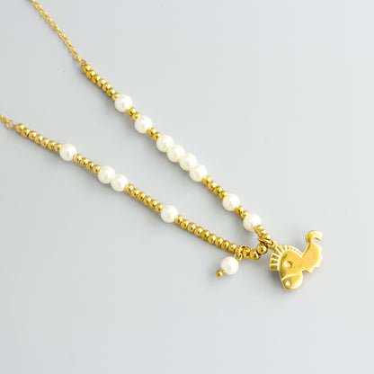 Stylish O-chain Necklace with Horse Pendant Pearls and Metal Beads