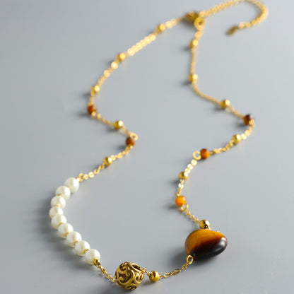 Heart-shaped Pendant O-chain Necklace with Natural Stone and Pearl