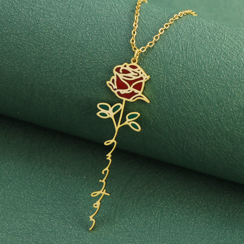 Stainless Steel O-Chain Necklace with Enamel Rose Pendant
