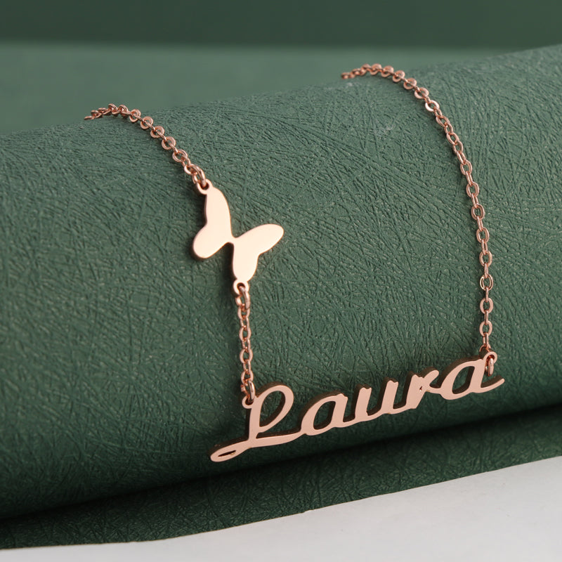 Personalized Rose Gold O-Chain Necklace with Butterfly and Letter Pendant