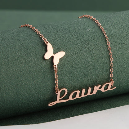 Personalized Rose Gold O-Chain Necklace with Butterfly and Letter Pendant