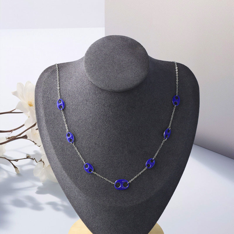 Blue Elliptical Button Pendant Copper O-Chain Necklace
