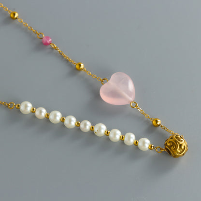 Love-themed O-Chain Necklace with Heart-shaped Pendant Natural Stone and Pearl