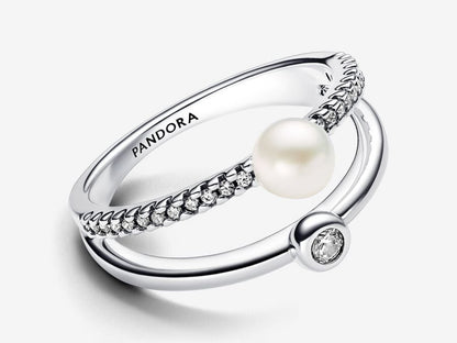 Treated Freshwater Cultured Pearl & Pavé Double Band Ring