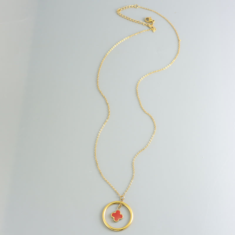 Exquisite Gold Stainless Steel O-Chain Necklace with Red Four-Leaf Clover Pendant
