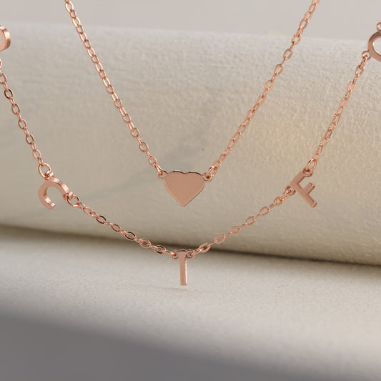 Stylish Rose Gold Stainless Steel O-Chain Necklace with Letter and Heart Pendants