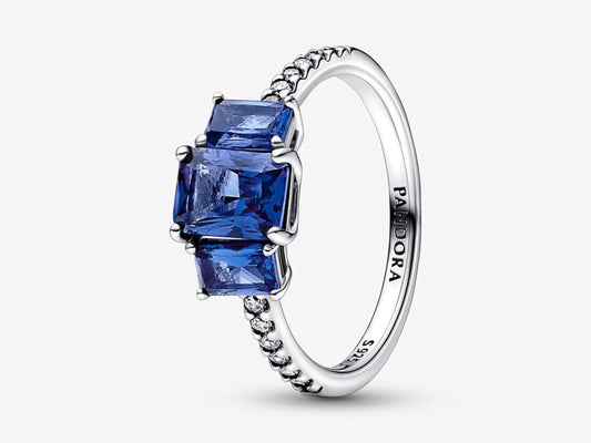 Blue Rectangular Three Stone Sparkling Ring